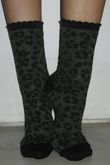 Leopard Scalloped Glitter Socks Olive Black